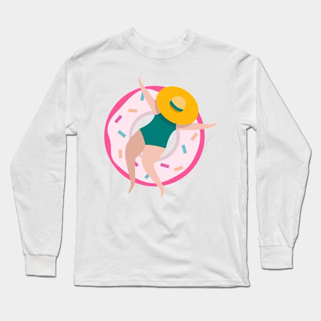 Lady with sunhat sleeping in the doughnut swimming ring Long Sleeve T-Shirt by TinyFlowerArt